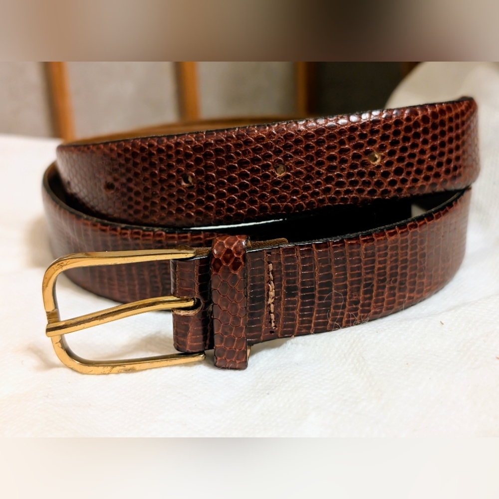 Vintage 1" Lizard Skin Belt - Size US 34/Euro 85 - Brass Buckle - Made In Spain